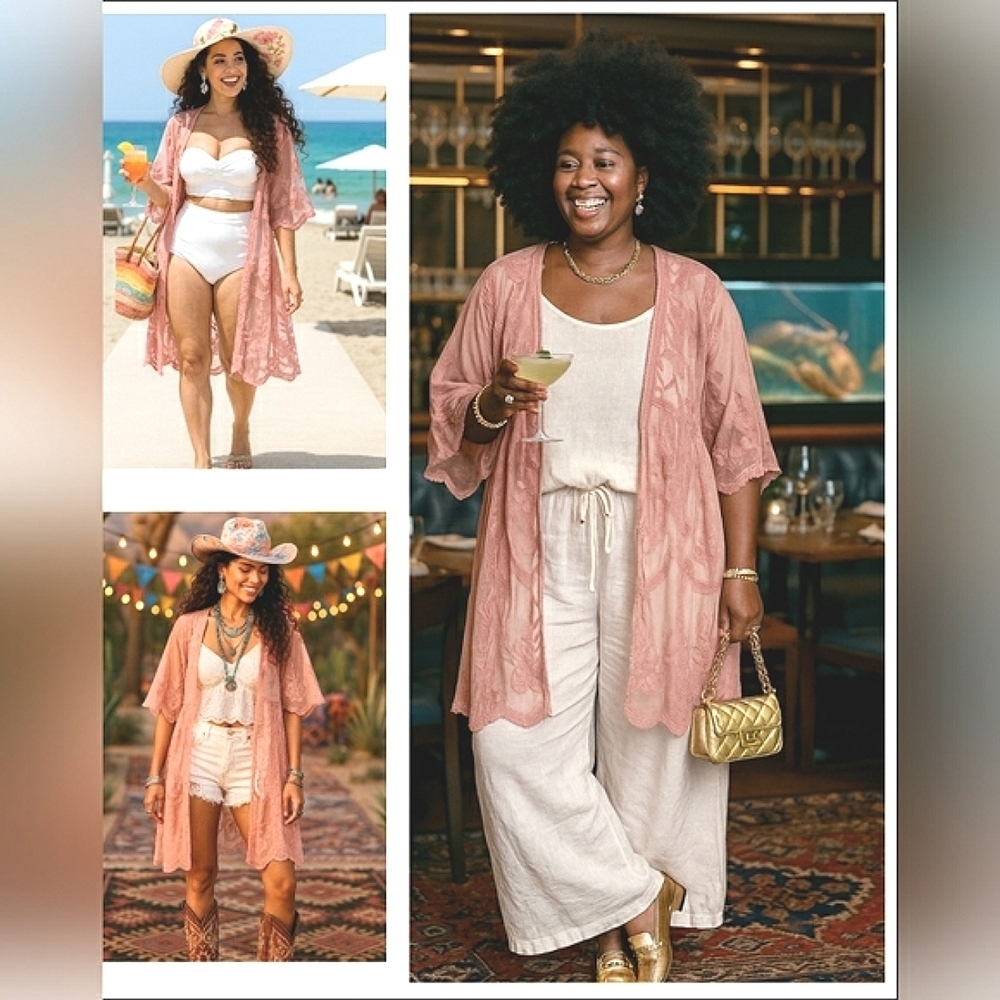 Boho Cottagecore Romantic Cotton Embroidered Lace Kimono Cover-Up Tunic Top